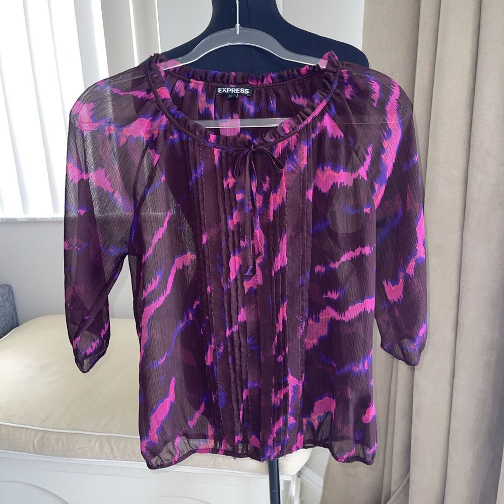 EXPRESS Burgundy Pink Chiffon Tie Neck Blouse Women S - Picture 2 of 7